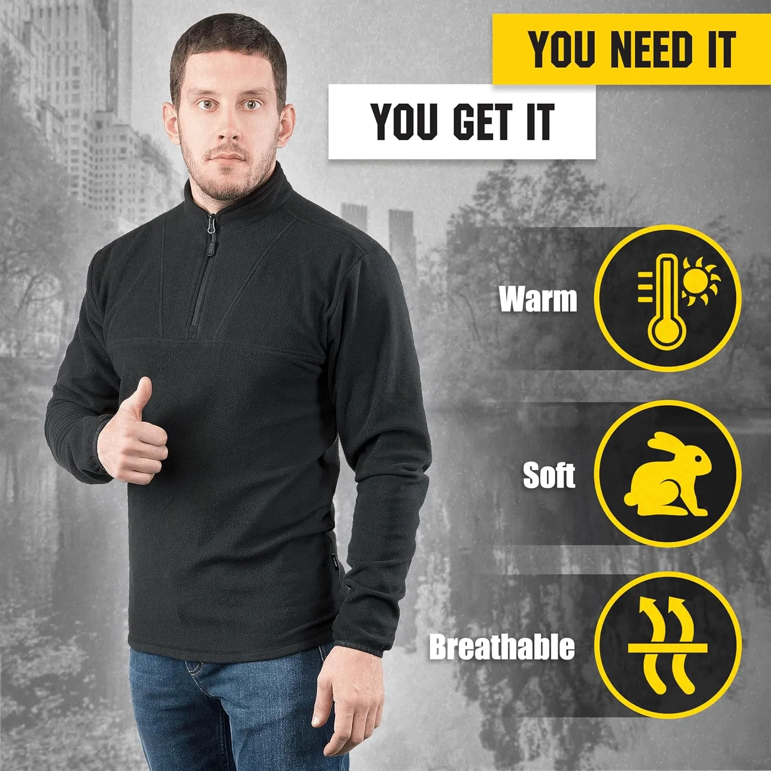 M-Tac Quarter Zip Pullover Men - Fleece Lined Thermal Shirt for Men - Lightweight Tactical Long Sleeve Shirt Top Delta