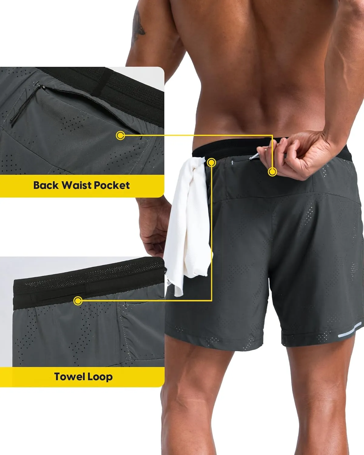 maamgic Mens 2 in 1 Running Shorts 5" Gym Workout Shorts with Zipper Pockets