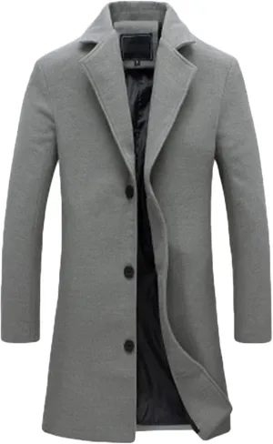 Maiyifu-GJ Men's Casual Mid-Length Trench Coat Single Breasted Business Pea Coats Winter Notched Lapel Windbreaker Jacket
