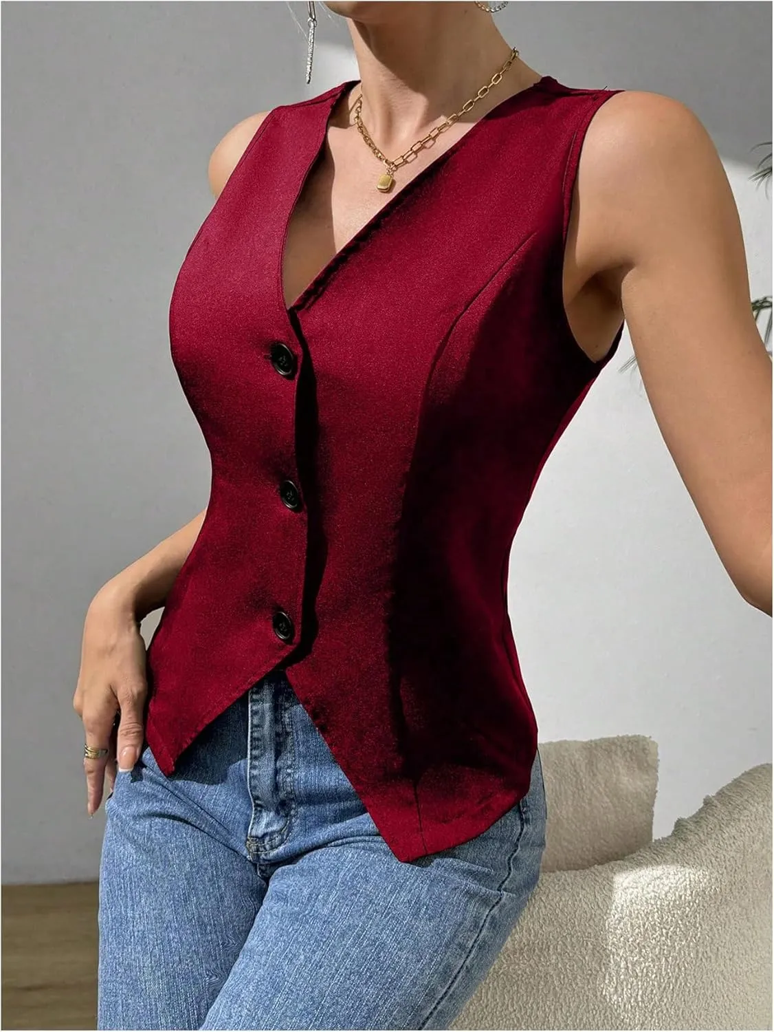 MakeMeChic Women's Suit Vest Top Sleeveless V Neck Blazer Vest Waistcoat