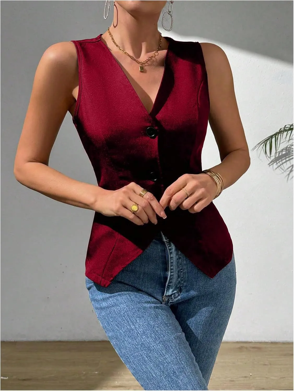 MakeMeChic Women's Suit Vest Top Sleeveless V Neck Blazer Vest Waistcoat