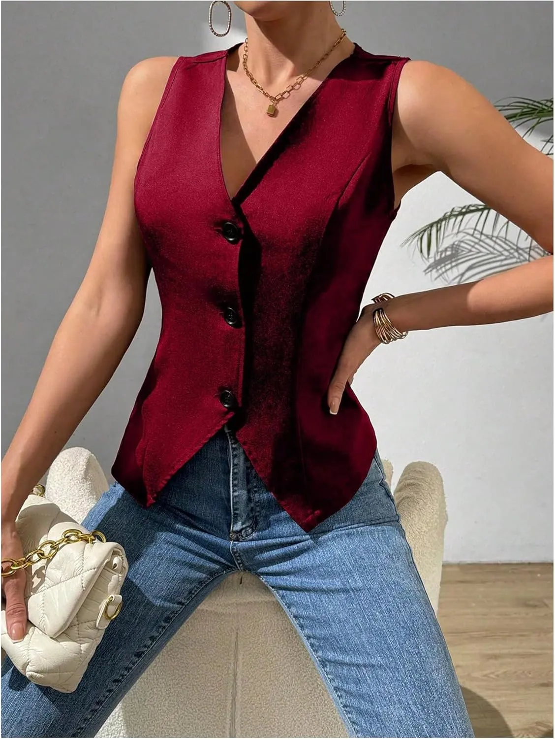 MakeMeChic Women's Suit Vest Top Sleeveless V Neck Blazer Vest Waistcoat