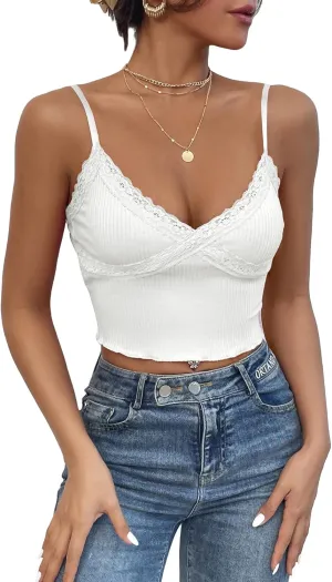 MakeMeChic Women's Y2K Lace Trim V Neck Sleeveless Cami Crop Top Camisole