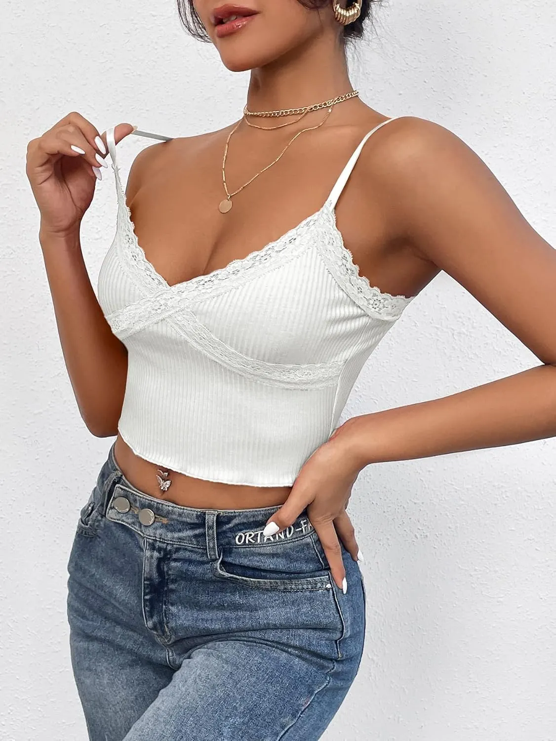 MakeMeChic Women's Y2K Lace Trim V Neck Sleeveless Cami Crop Top Camisole