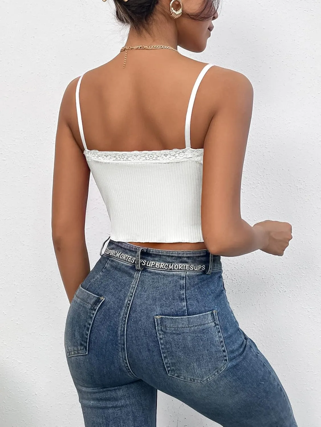 MakeMeChic Women's Y2K Lace Trim V Neck Sleeveless Cami Crop Top Camisole