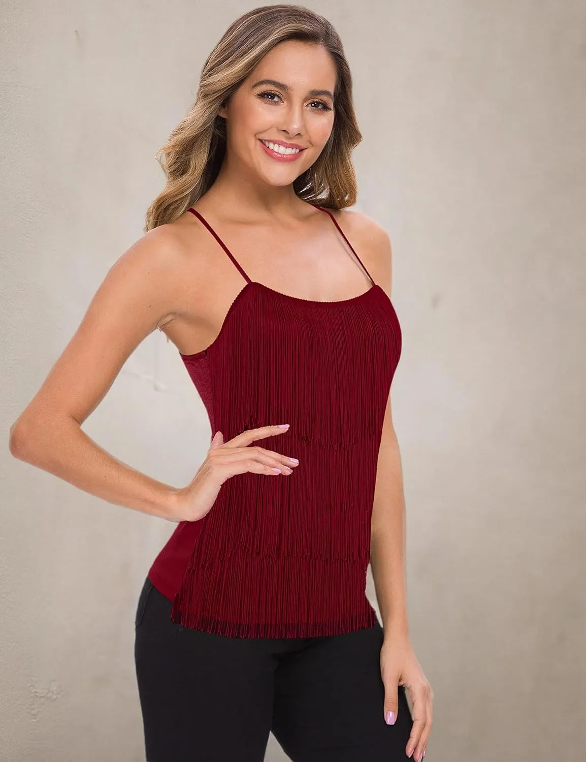 MANER Womens Fringe Top Tassel Trim Cami Spaghetti Strap Tank Tops