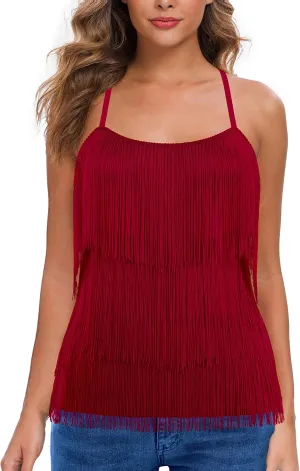 MANER Womens Fringe Top Tassel Trim Cami Spaghetti Strap Tank Tops