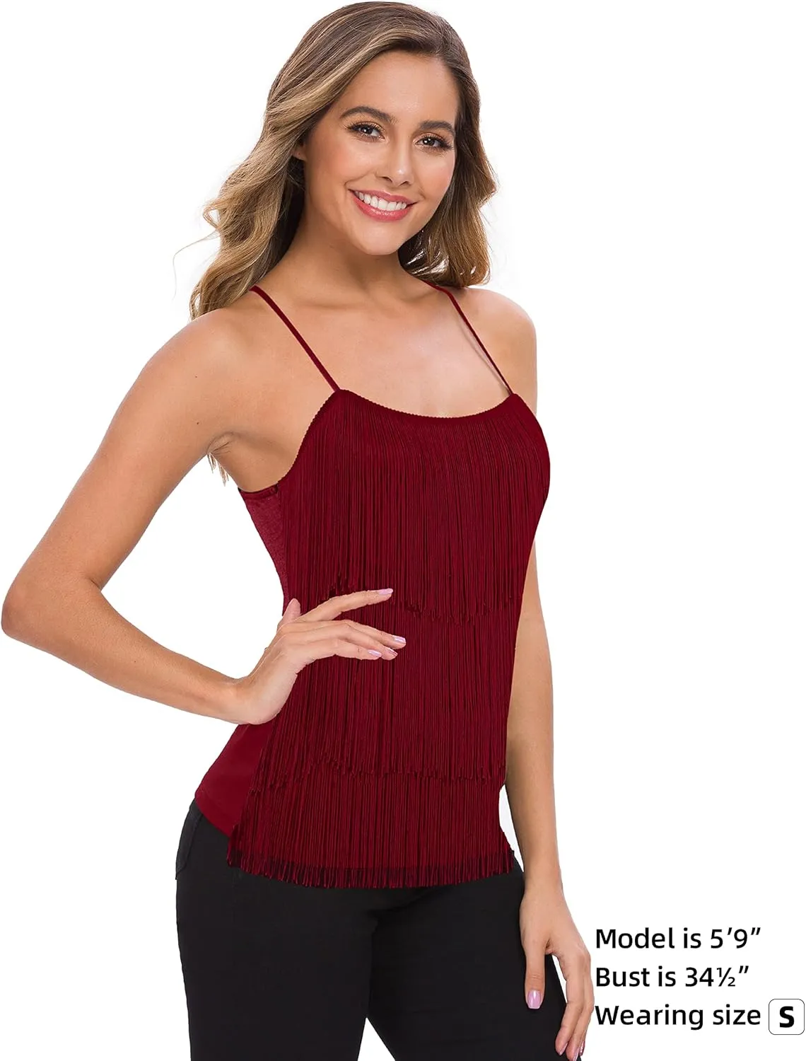 MANER Womens Fringe Top Tassel Trim Cami Spaghetti Strap Tank Tops