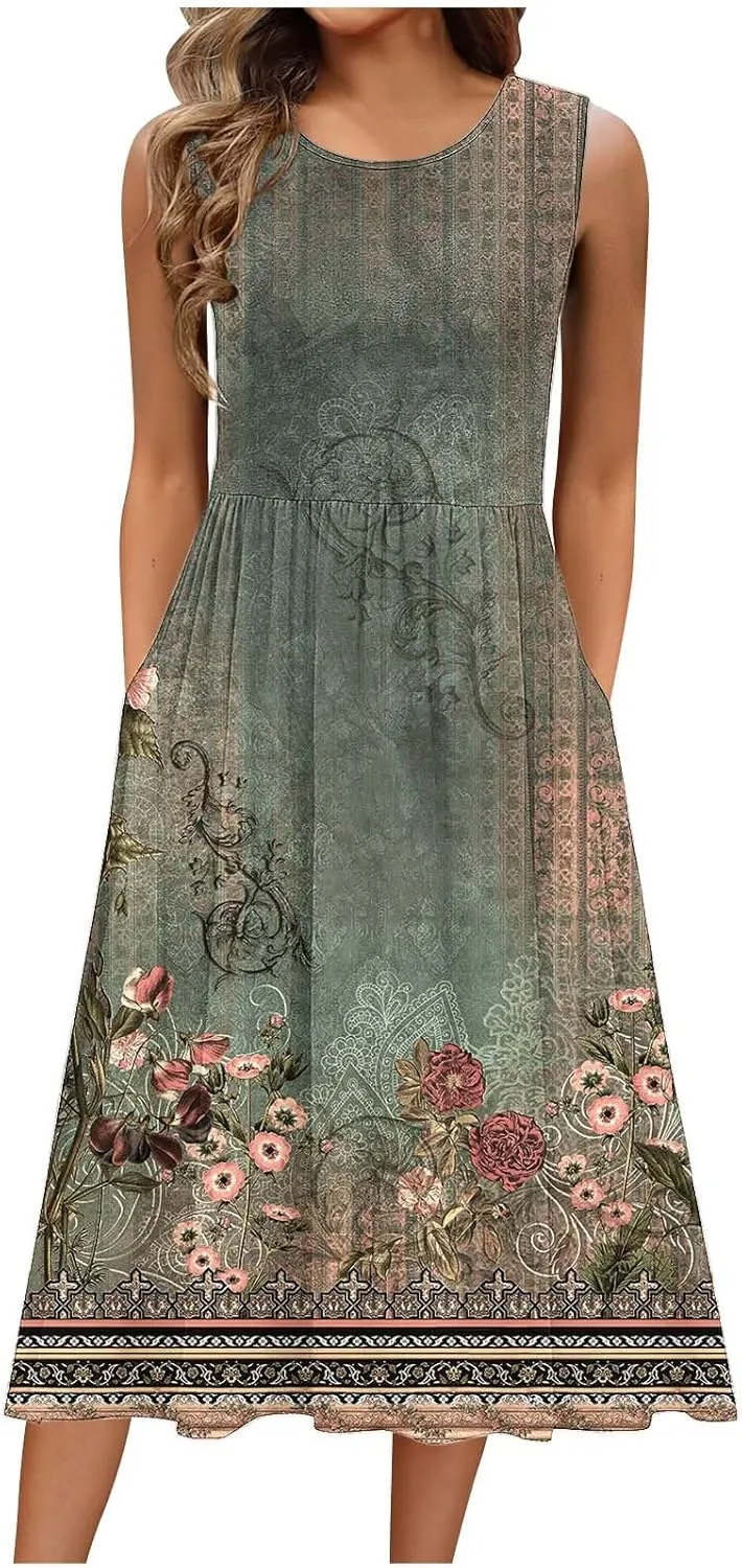 Maxi Dress for Women Sleeveless Spring Summer Dresses A Line Floral Dress Beach Vacation Sundress Cruise Outfits