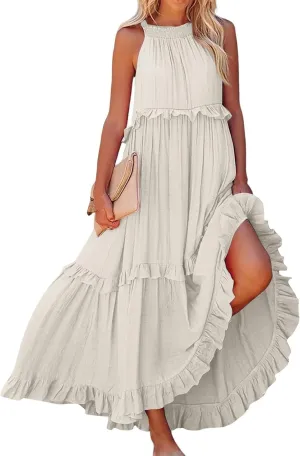 Maxi Dresses for Women 2025 Summer Smocked Ruffle Sundress Tiered Beach Dress Flowy Halter Sleeveless Long Dress