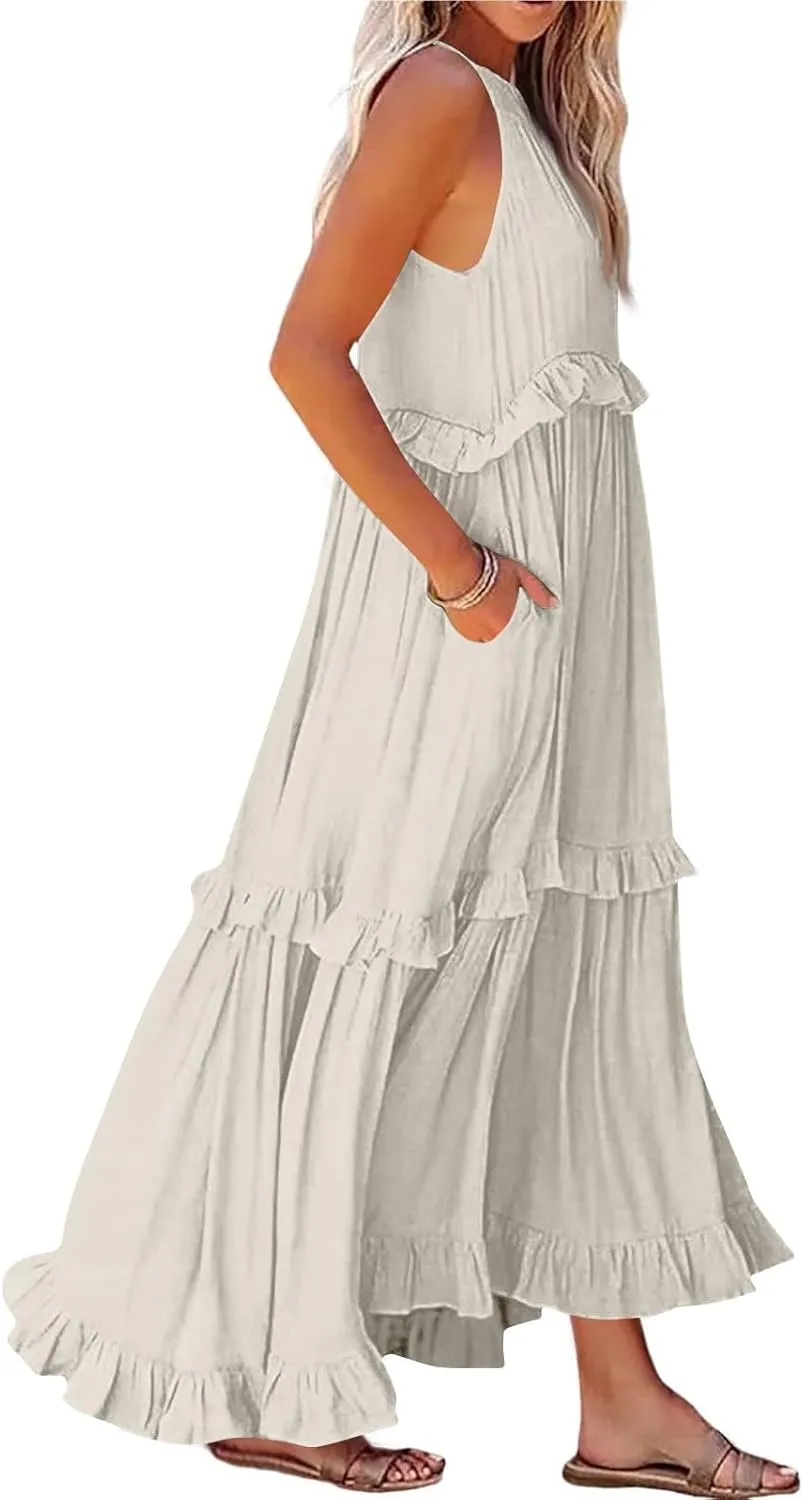 Maxi Dresses for Women 2025 Summer Smocked Ruffle Sundress Tiered Beach Dress Flowy Halter Sleeveless Long Dress
