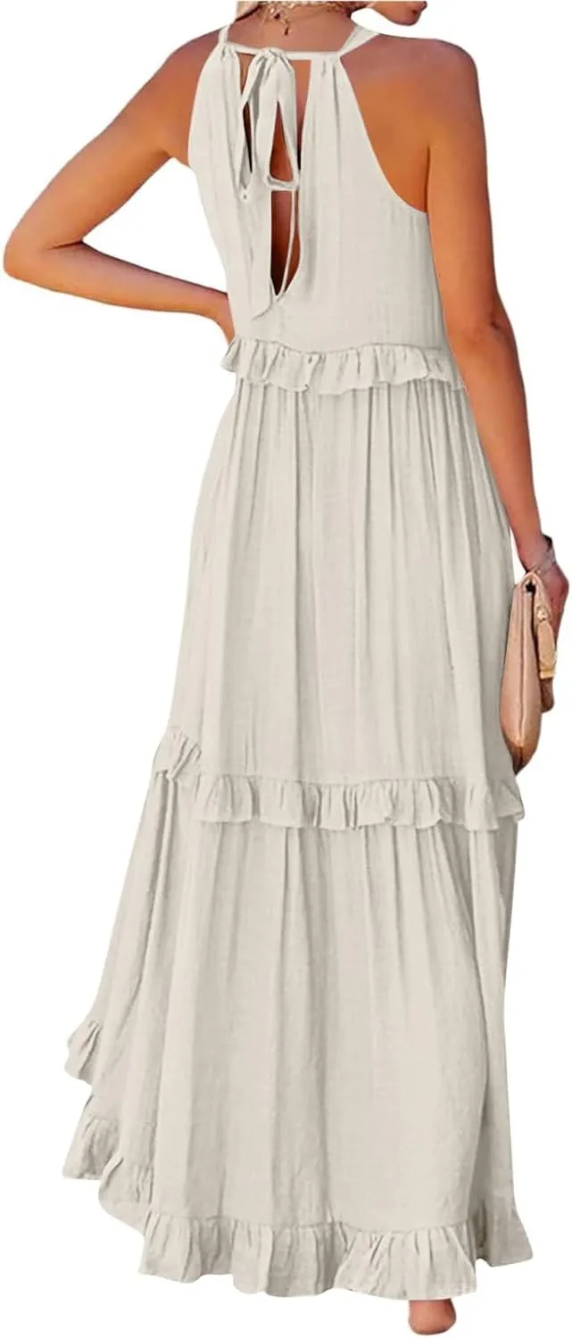 Maxi Dresses for Women 2025 Summer Smocked Ruffle Sundress Tiered Beach Dress Flowy Halter Sleeveless Long Dress