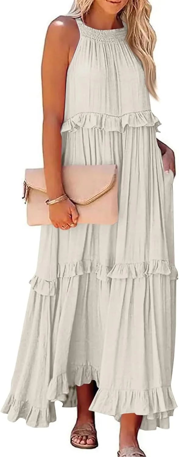 Maxi Dresses for Women 2025 Summer Smocked Ruffle Sundress Tiered Beach Dress Flowy Halter Sleeveless Long Dress