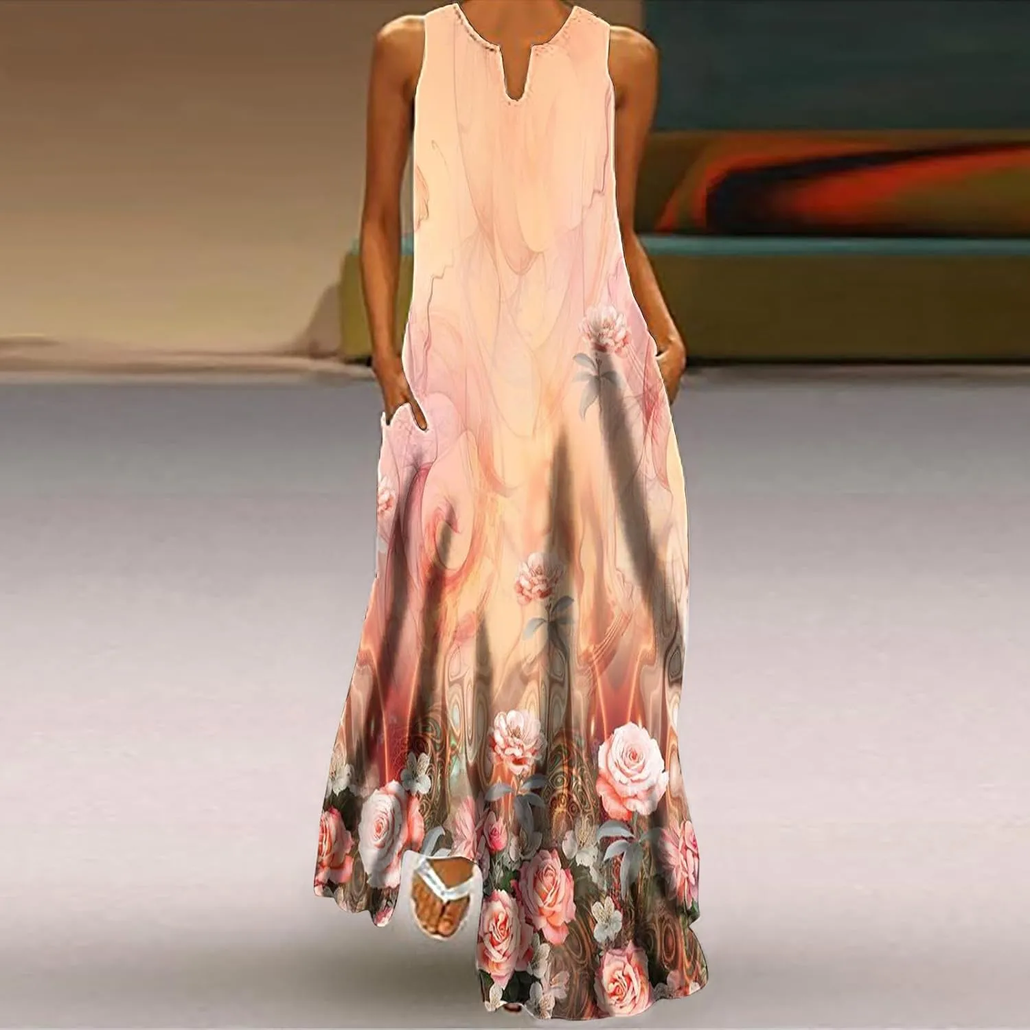 Maxi Dresses for Women Casual Summer Sleeveless Tank Dresses Vintage Floral Print Loose Beach Sundress with Pockets