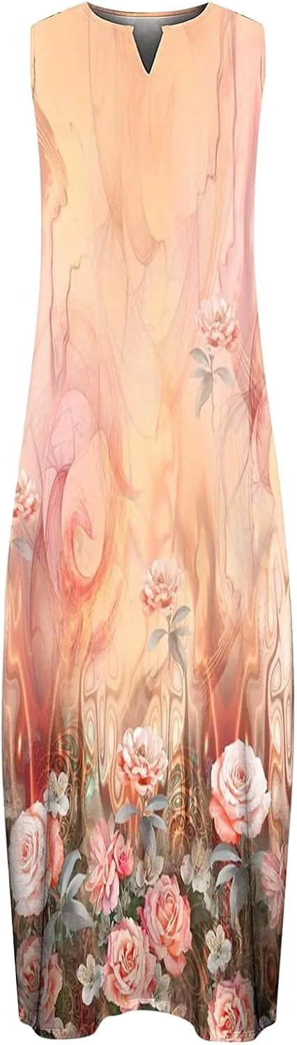 Maxi Dresses for Women Casual Summer Sleeveless Tank Dresses Vintage Floral Print Loose Beach Sundress with Pockets
