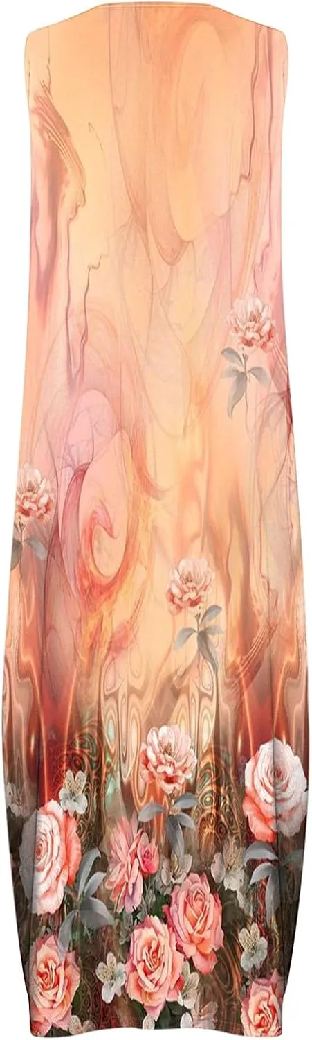 Maxi Dresses for Women Casual Summer Sleeveless Tank Dresses Vintage Floral Print Loose Beach Sundress with Pockets