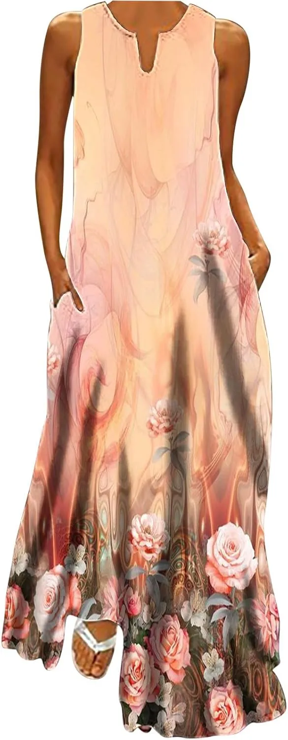 Maxi Dresses for Women Casual Summer Sleeveless Tank Dresses Vintage Floral Print Loose Beach Sundress with Pockets