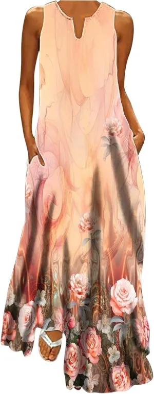 Maxi Dresses for Women Casual Summer Sleeveless Tank Dresses Vintage Floral Print Loose Beach Sundress with Pockets