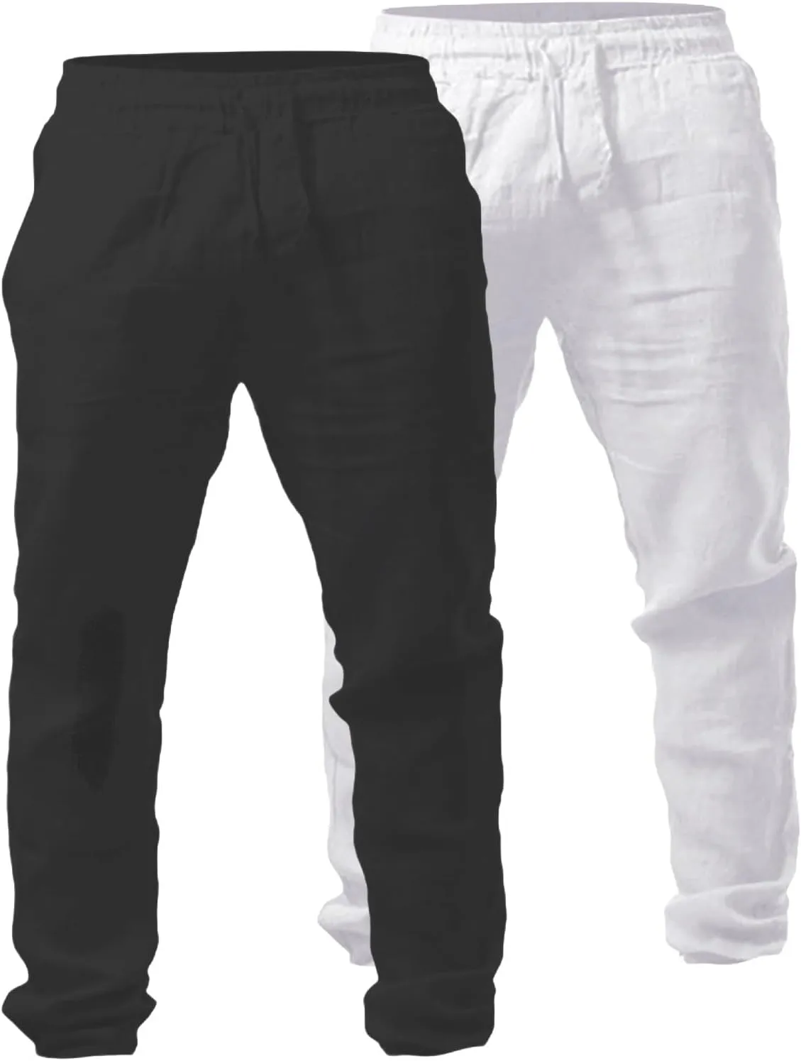 Mens 2 Pack Linen Pants Straight Leg Beach Pants Lightweight Casual Plain Drawstring Slacks Outdoor Vacation Trousers