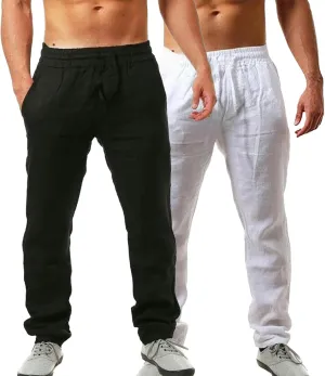 Mens 2 Pack Linen Pants Straight Leg Beach Pants Lightweight Casual Plain Drawstring Slacks Outdoor Vacation Trousers