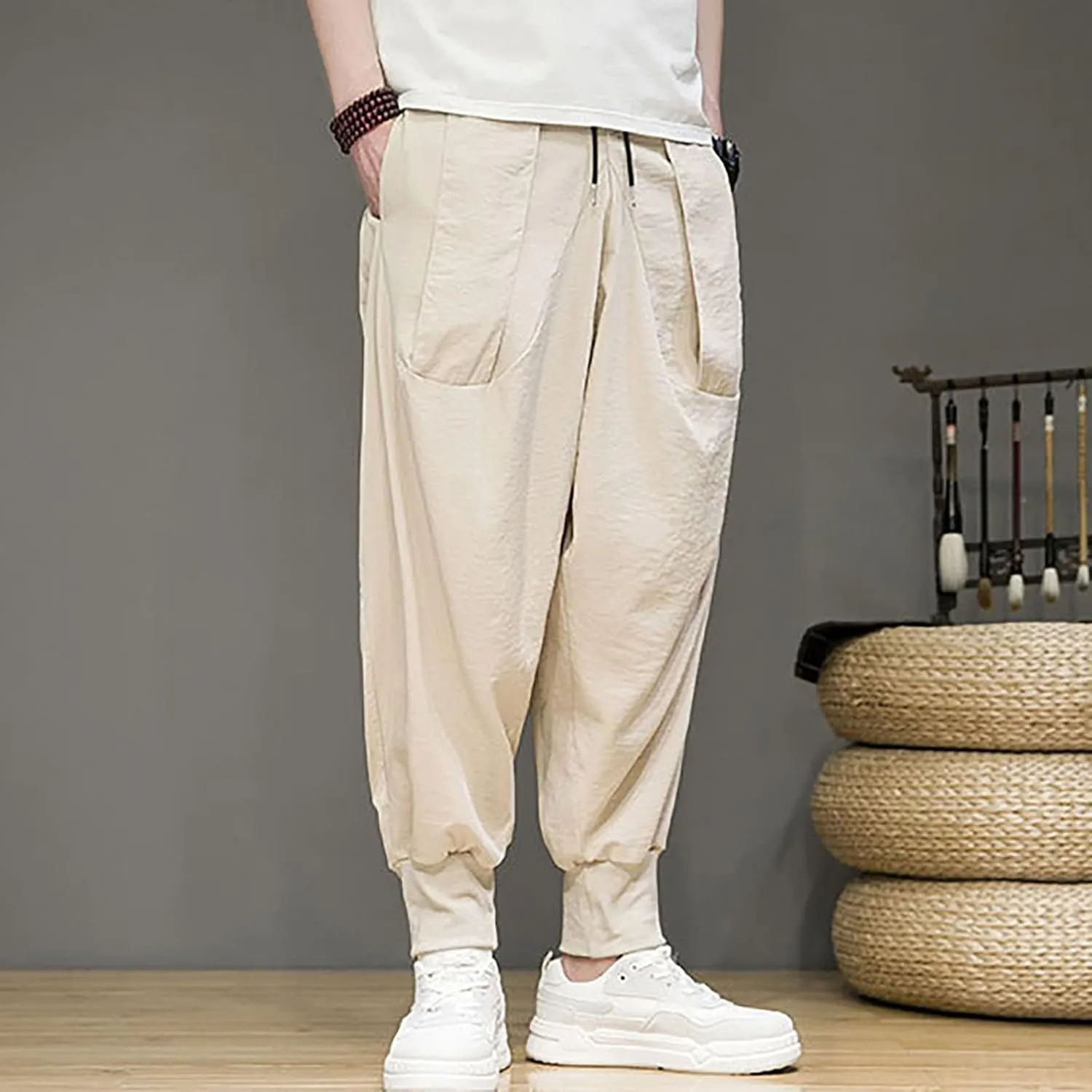 Mens 2023 Casual Harem Pant Loose Hippie Boho Aladdin Yoga Pant Casual Baggy Drawstring Hippie Boho Aladdin Harem Pant
