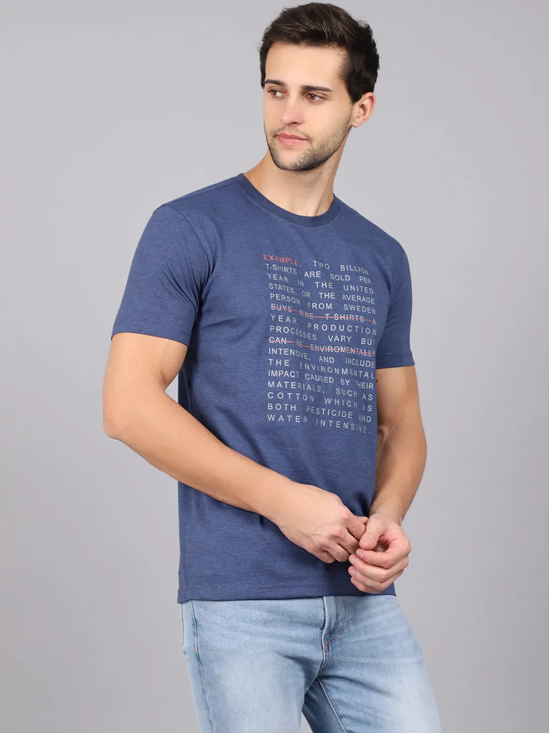 Men's Blue   Melange Round neck Half Sleeve T-Shirt with Print