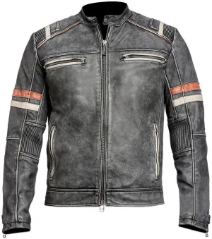 Mens Cafe Racer Vintage Riding Lambskin Leather Retro Motorcycle Black DISTRESSED LEATHER BIKER JACKET