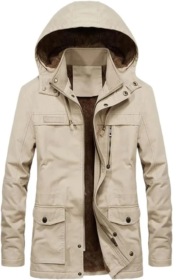 Mens Cargo Coat Thick Warm Jacket Man Parkas Casual Cotton Padded Jacket Multi-Pocket Hoodies