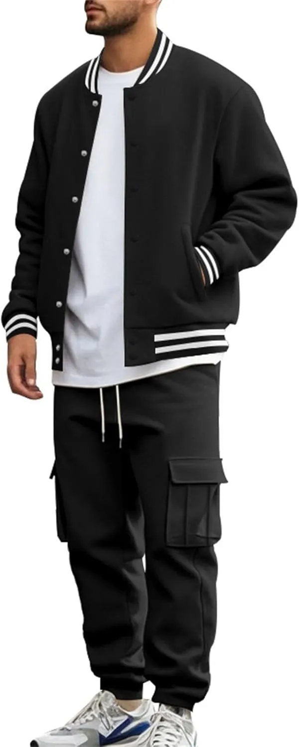 Men's Casual Active Tracksuits Trendy Bomber Jacket Letterman Varsity Jackets Cargo Joggers Sweatpant Matching Sets