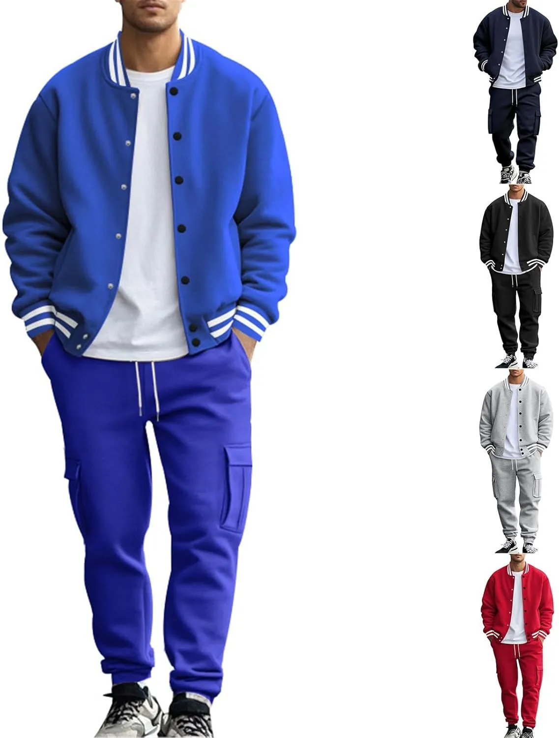 Men's Casual Active Tracksuits Trendy Bomber Jacket Letterman Varsity Jackets Cargo Joggers Sweatpant Matching Sets