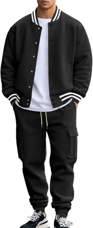 Men's Casual Active Tracksuits Trendy Bomber Jacket Letterman Varsity Jackets Cargo Joggers Sweatpant Matching Sets