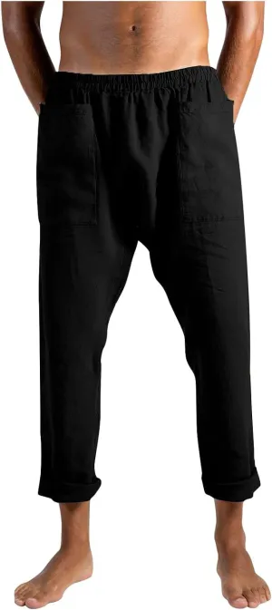 Mens Casual Elastic Waist Drawstring Cotton Linen Straight Lightweight Yoga Beach Summer Trousers Pants