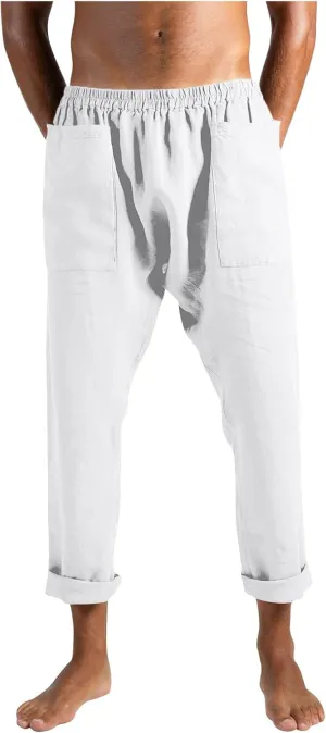 Mens Casual Elastic Waist Drawstring Cotton Linen Straight Lightweight Yoga Beach Summer Trousers Pants