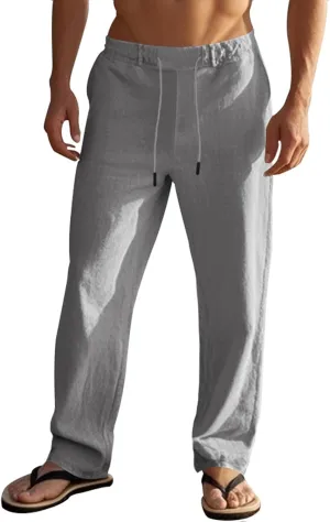Mens Casual Linen Lightweight Elastic Waist Drawstring Summer Beach Trousers Pants