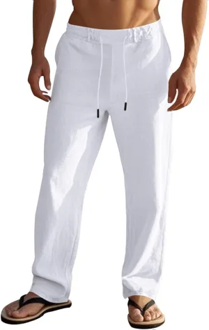 Mens Casual Linen Lightweight Elastic Waist Drawstring Summer Beach Trousers Pants