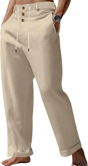 Mens Casual Linen Loose Fit Elastic Drawstring Lightweight Straight Legs Summer Beach Yoga Long Trousers Pants