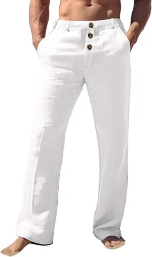Mens Casual Linen Loose Fit Elastic Drawstring Waist Straight Legs Lightweight Summer Beach Yoga Long Pants