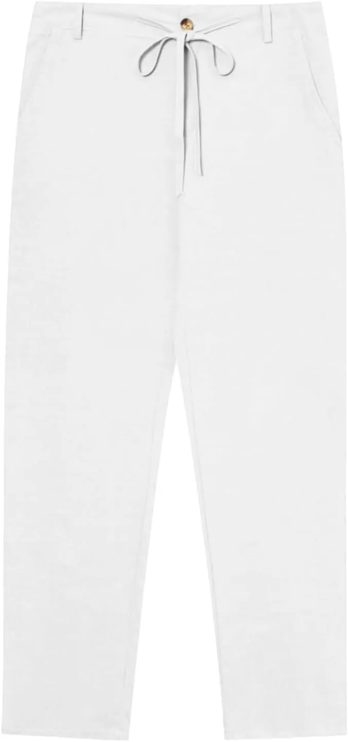 Mens Casual Linen Loose Fit Elastic Drawstring Waist Straight Legs Summer Beach Yoga Travel Baggy Work Long Pants