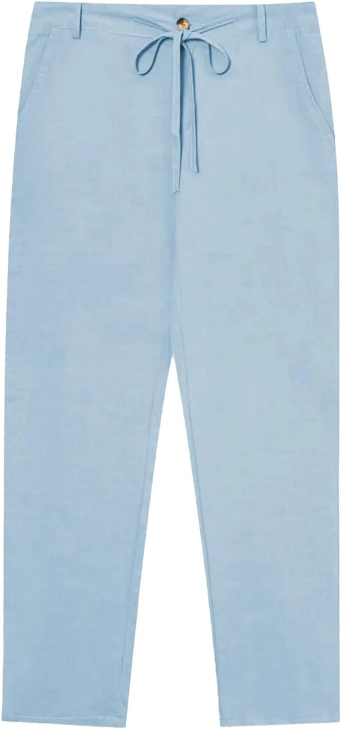 Mens Casual Linen Loose Fit Elastic Drawstring Waist Straight Legs Summer Beach Yoga Travel Baggy Work Long Pants