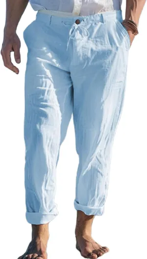 Mens Casual Linen Loose Fit Elastic Drawstring Waist Straight Legs Summer Beach Yoga Travel Baggy Work Long Pants