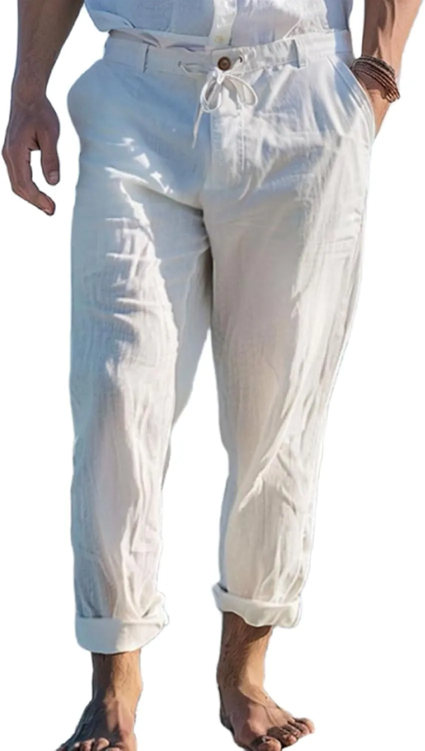 Mens Casual Linen Loose Fit Elastic Drawstring Waist Straight Legs Summer Beach Yoga Travel Baggy Work Long Pants