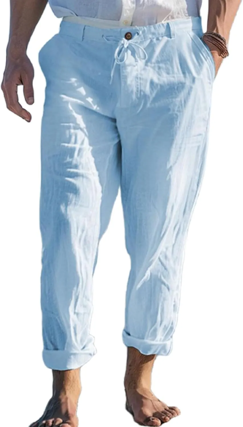 Mens Casual Linen Loose Fit Elastic Drawstring Waist Straight Legs Summer Beach Yoga Travel Baggy Work Long Pants