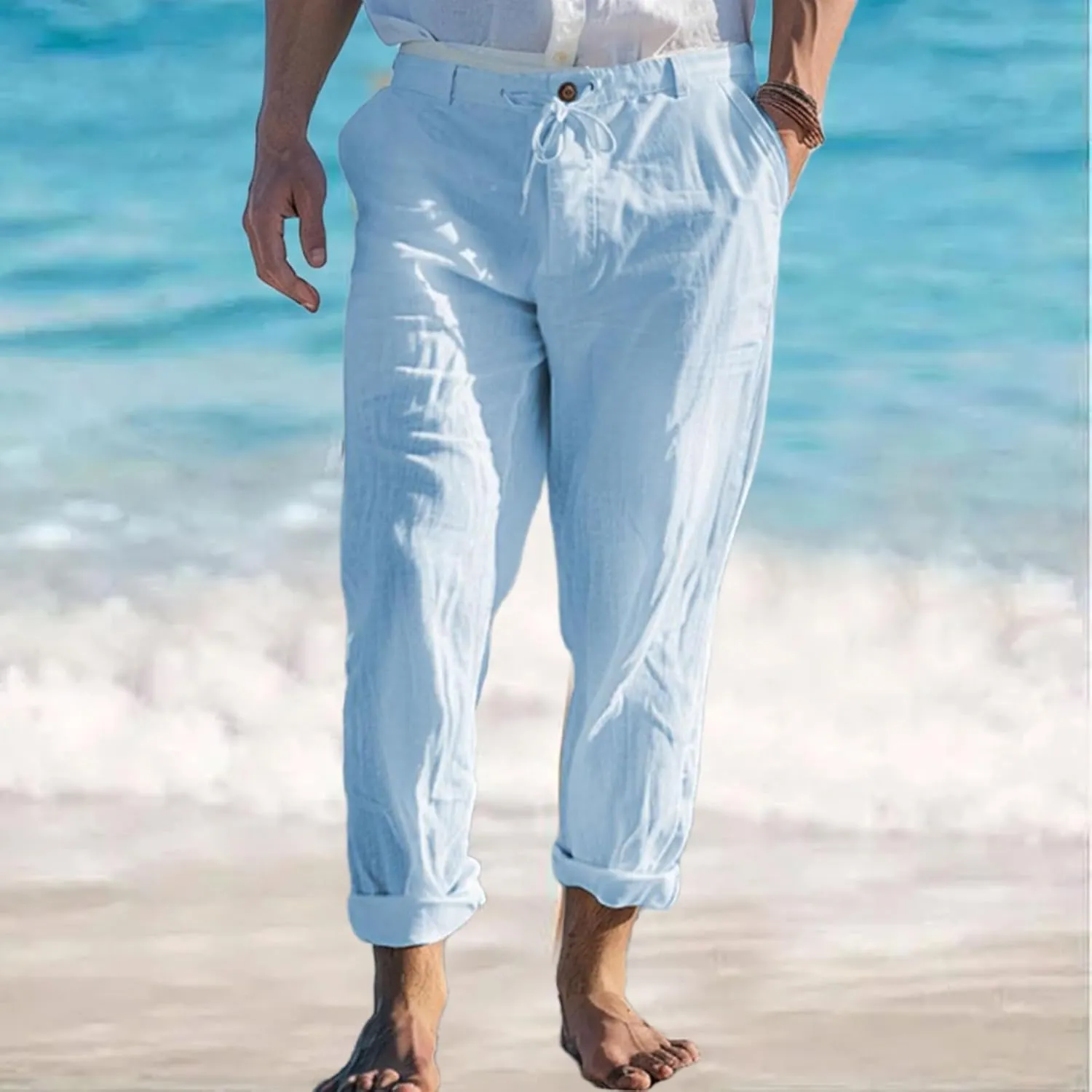 Mens Casual Linen Loose Fit Elastic Drawstring Waist Straight Legs Summer Beach Yoga Travel Baggy Work Long Pants