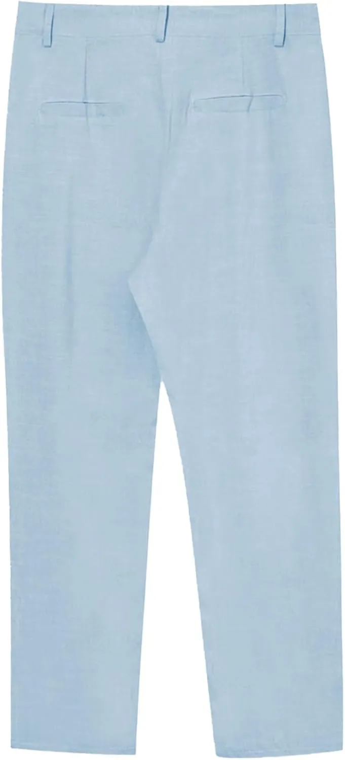 Mens Casual Linen Loose Fit Elastic Drawstring Waist Straight Legs Summer Beach Yoga Travel Baggy Work Long Pants