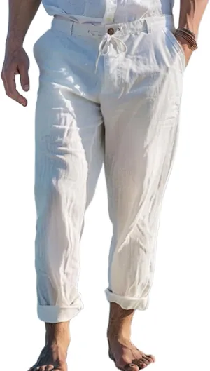 Mens Casual Linen Loose Fit Elastic Drawstring Waist Straight Legs Summer Beach Yoga Travel Baggy Work Long Pants