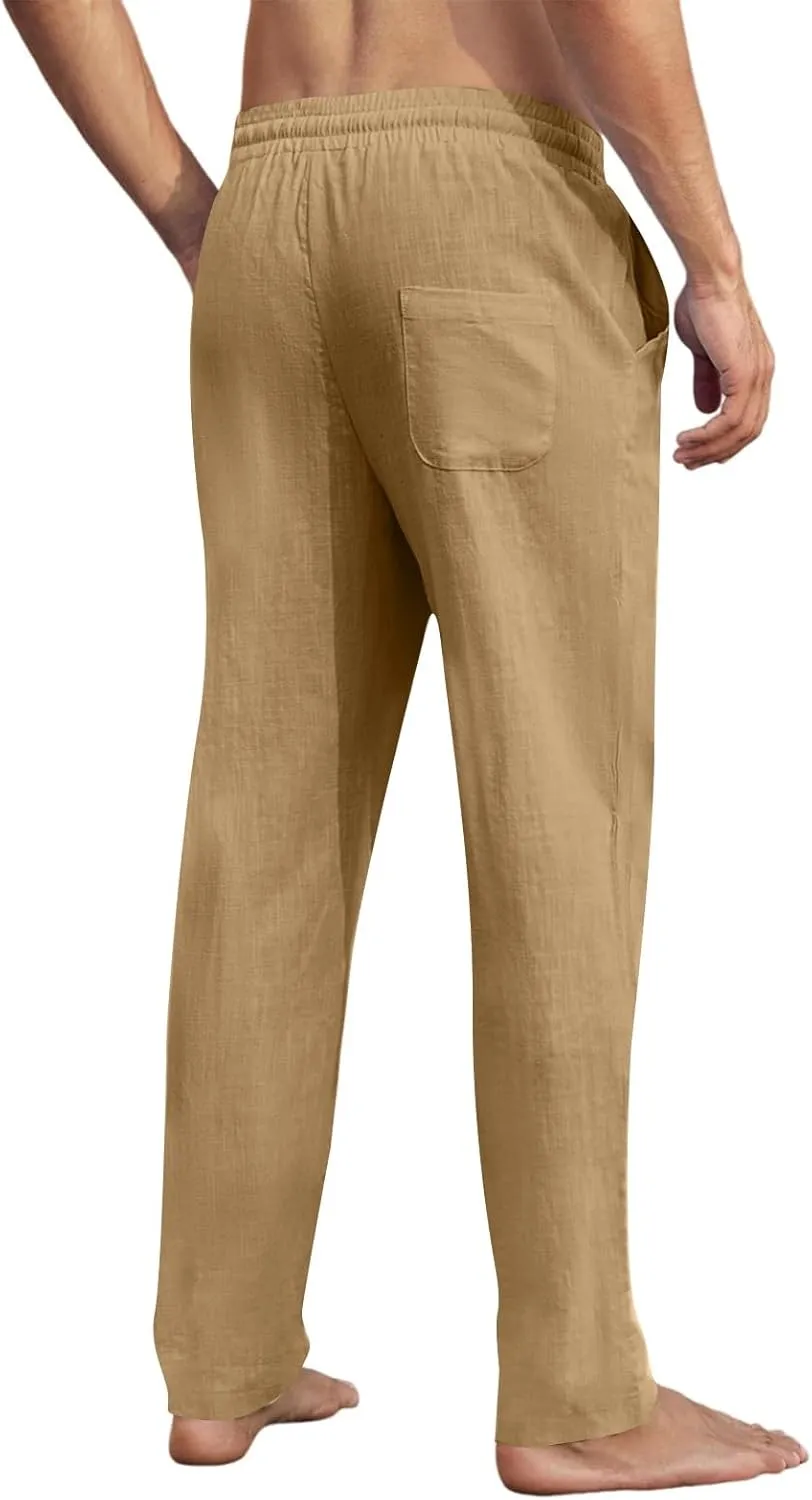 Men's Casual Linen Patch Bag Loose Drawstring Straight Leg Summer Beach Yoga Pants 2025