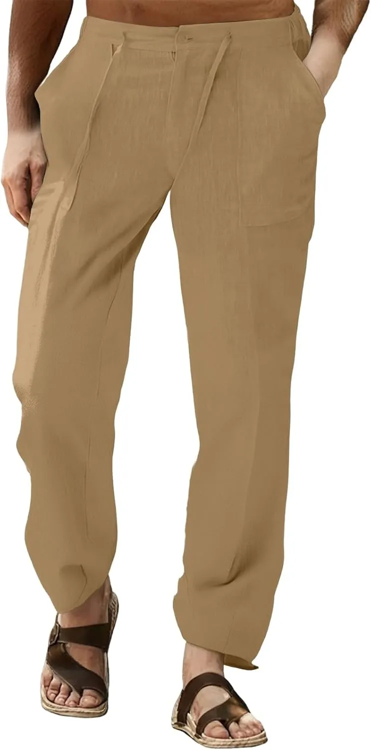 Men's Casual Linen Patch Bag Loose Drawstring Straight Leg Summer Beach Yoga Pants 2025