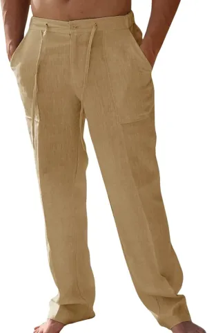 Men's Casual Linen Patch Bag Loose Drawstring Straight Leg Summer Beach Yoga Pants 2025