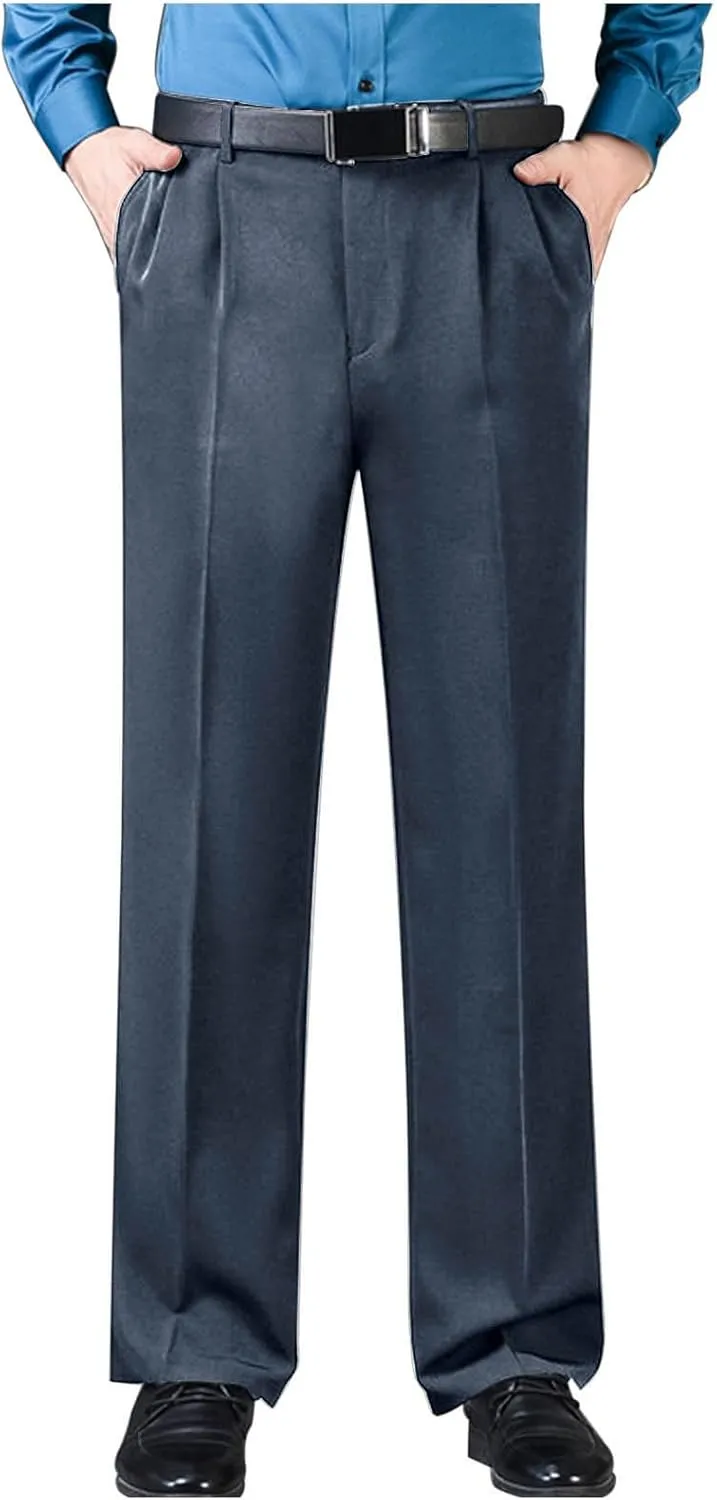 Mens Classic Fit Dress Pants Flat Front Straight Leg Formal Wrinkle Free Expandable Waist Casual Business Suit Pants