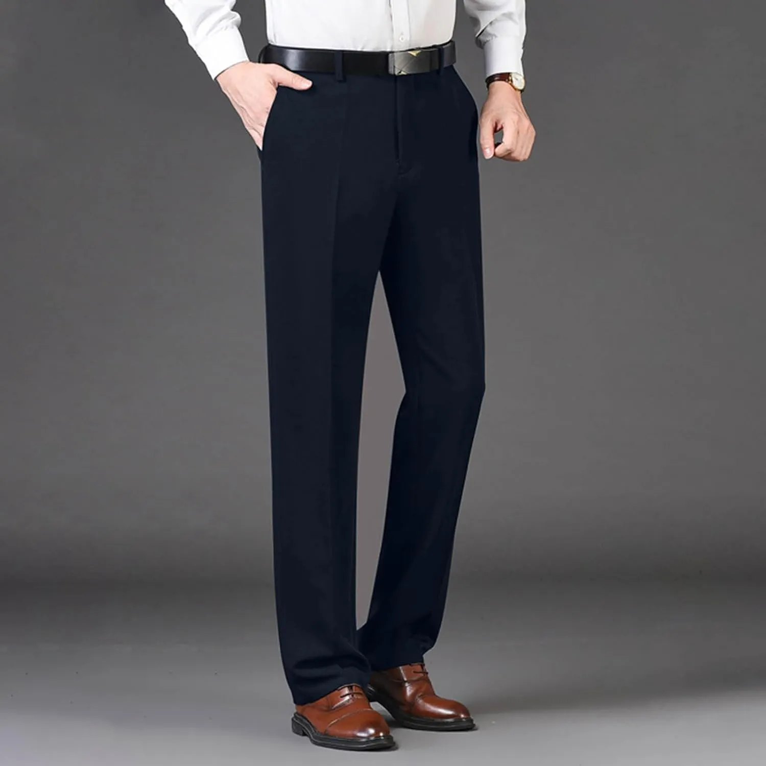 Mens Classic Fit Dress Pants Flat Front Straight Leg Formal Wrinkle Free Expandable Waist Casual Business Suit Pants